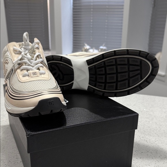 Authentic!! CHANEL Women's Beige and Metallic Sneakers - Picture 6 of 6